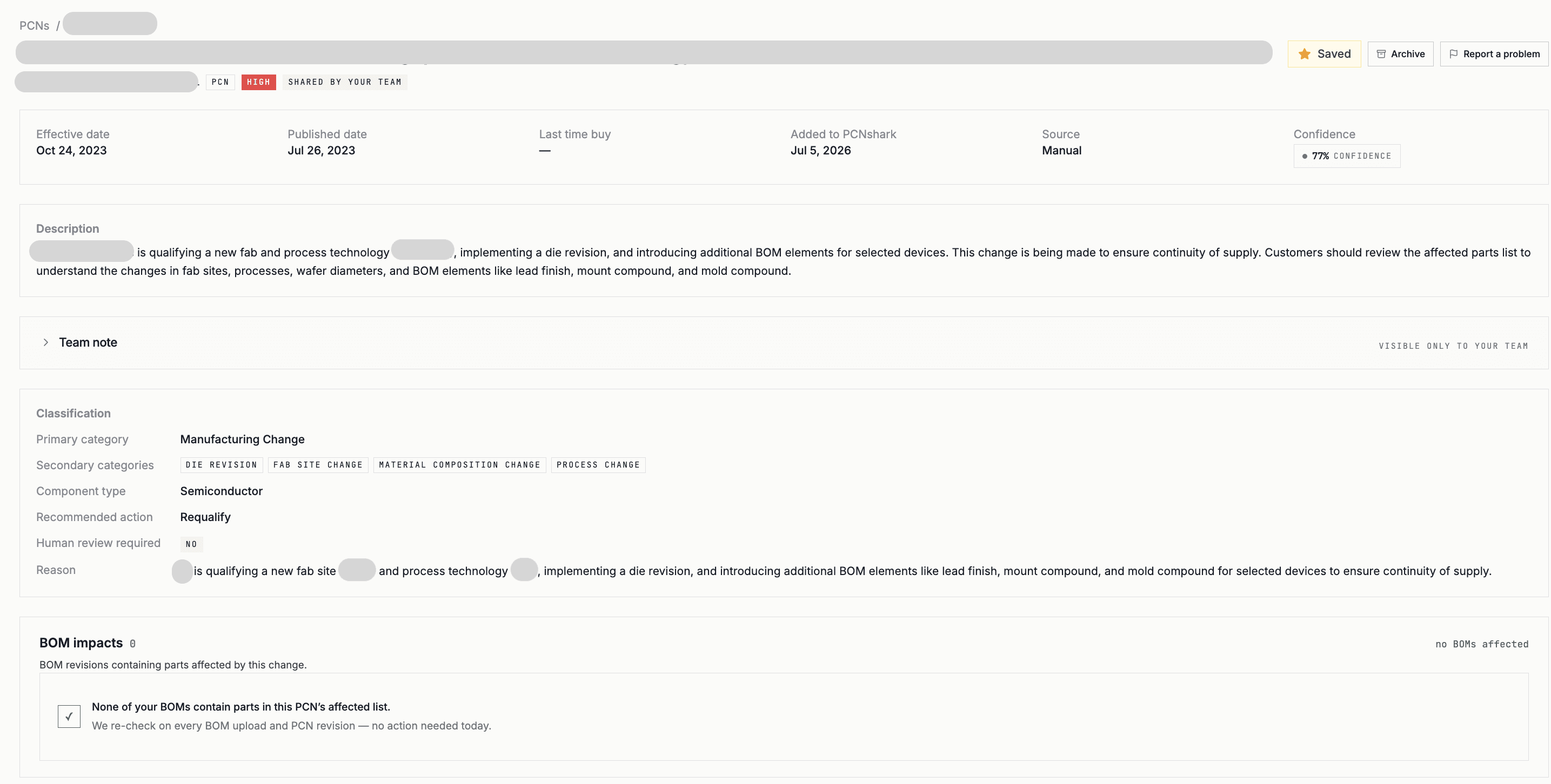 PCNshark PCN detail: fields extracted from a change notice — effective and published dates, classification, component type, recommended action, and a confidence score, ready for a reviewer.