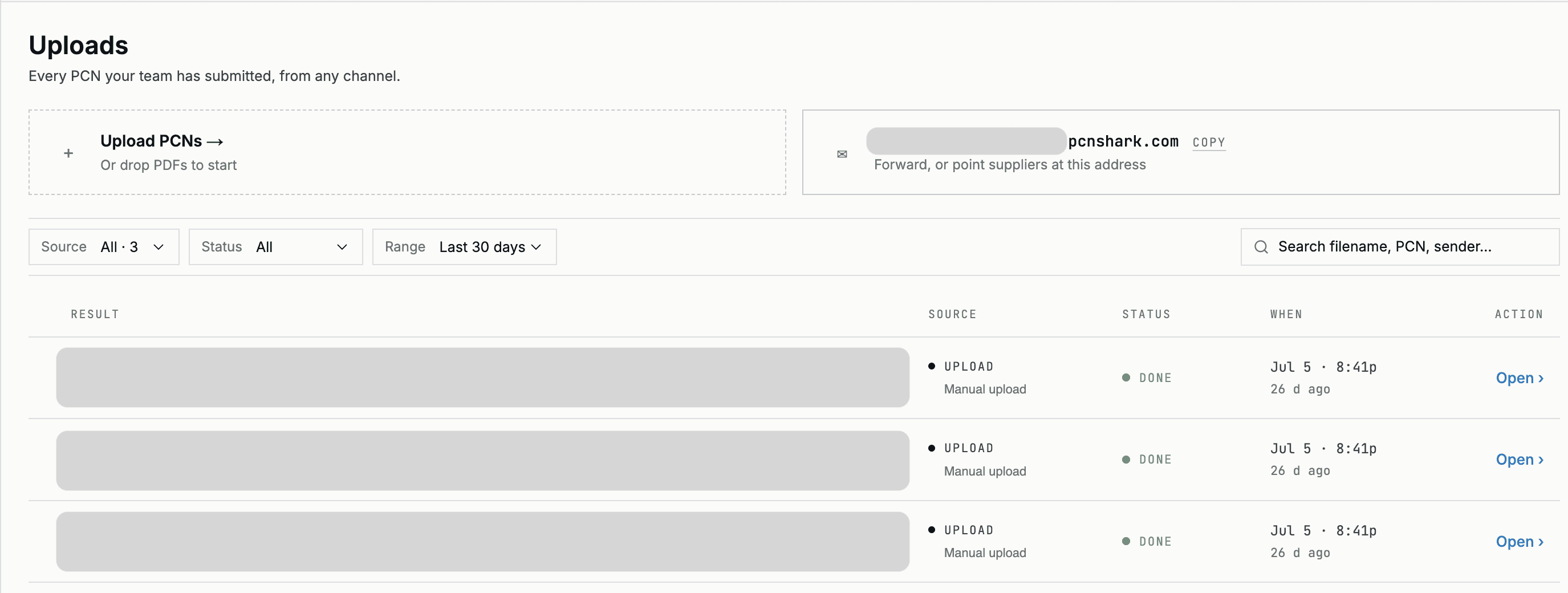 PCNshark Uploads inbox: every product change notice a team submitted by upload or email, each processed and marked Done.